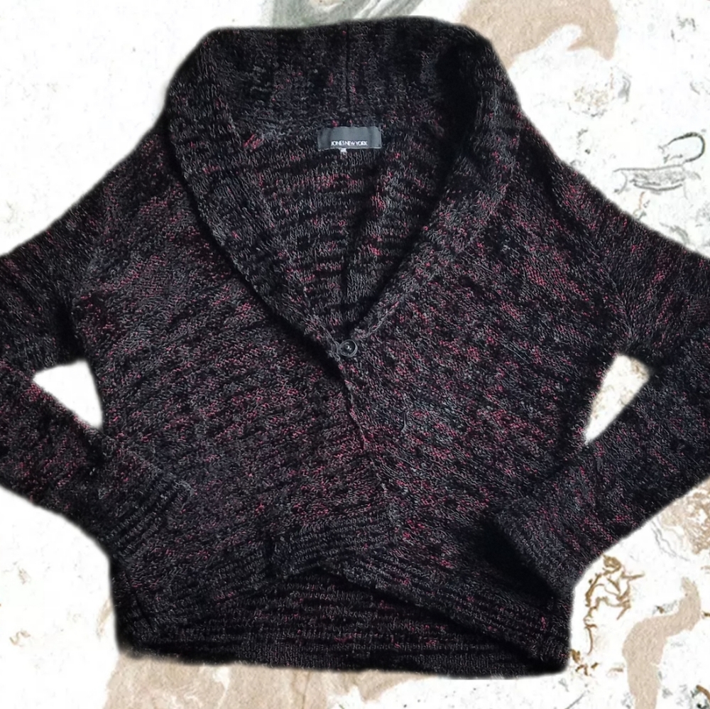 (2/$25) Jones NY variegated knit shiny black red streak cardigan (flawed)